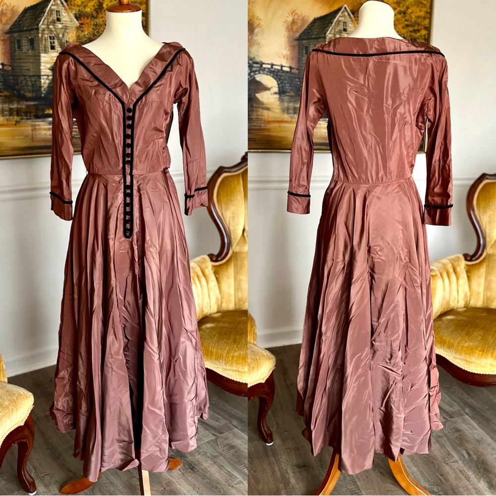 ☾ 1950s dusty rose silk taffeta Frank Starr swing dress — vintage, retro, 50s